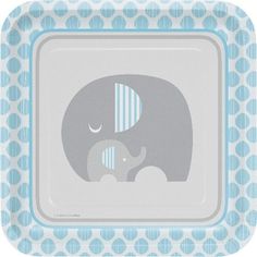 a blue and white plate with an elephant design on the front, in a square shape