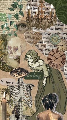 a collage of various images including a skeleton and a woman with a clock on her face