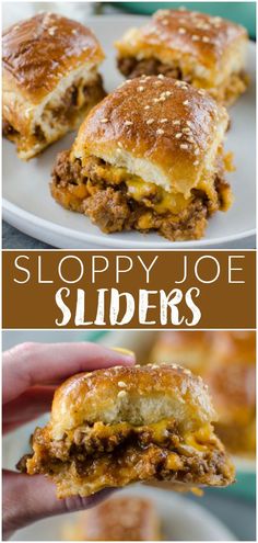 sloppy joe sliders on a white plate with text overlay