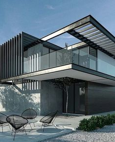 an artistic rendering of a modern house with glass walls and balconies on the roof