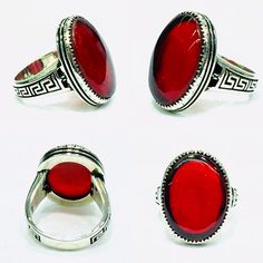 925 Ring, Ruby Stone, Beaded Brooch, Sterling Silver Mens, Engraved Jewelry