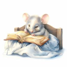 a mouse sitting on top of an open book in a bed with sheets around it