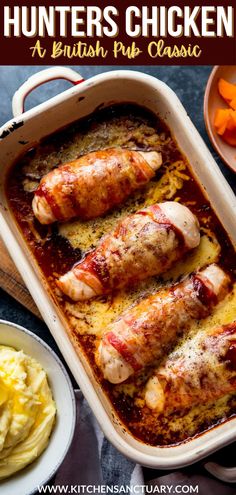 two chicken enchiladas in a casserole dish with carrots and mashed potatoes