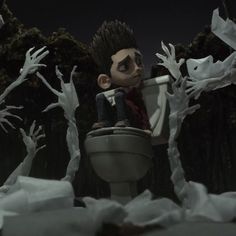 a cartoon character sitting on top of a toilet in the middle of a forest filled with dead trees