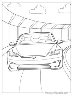 a drawing of a car driving down the road with clouds in the sky behind it