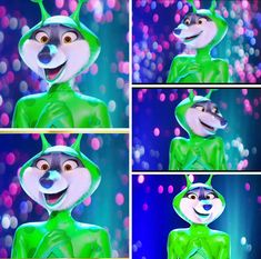 the animated character is wearing green and smiling