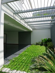 the inside of a building with grass and plants