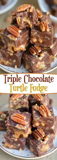 triple chocolate turtle fudge with pecans on top and in the middle, stacked on a plate