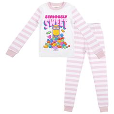 Kids can cuddle up with their favorite banana-loving sidekicks when they wear this officially licensed Minions pajama set! The long-sleeve tee features a big colorful graphic of “Seriously Sweet” and Kevin the Minion buried in candy, while the included sleep pants boast an eye-catching pink-and-white striped pattern. Crafted from high-quality polyester jersey to keep kids feeling their best overnight, these pajamas provide superior comfort and durability. When it’s time to clean your pajamas, si Long Sleeve Character Print Sleepwear, Fun Long Sleeve Sleepwear For Pajama Party, Sleepover Sleepwear With Graphic Print And Relaxed Fit, Fun Graphic Print Sleepwear For Pajama Party, Long Sleeve Sleepwear With Letter Print For Sleepover, Casual White Sleepwear With Character Print, Casual Long Sleeve Sleepwear With Character Print, Casual Long Sleeve Sleepwear With Graphic Print, White Long Sleeve Sleepwear With Letter Print