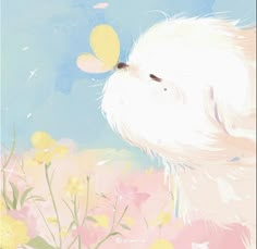 a painting of a white dog smelling flowers