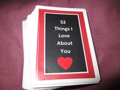 three cards with the words 52 things i love about you written on one card, and a red heart in the middle