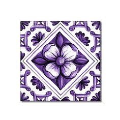 a purple and white tile with flowers on it