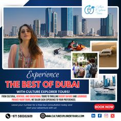 an advertisement for the best of dubai with pictures of people in boats and skyscrapers