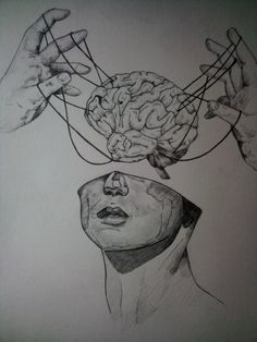 a drawing of two hands holding a human head with wires coming out of the brain