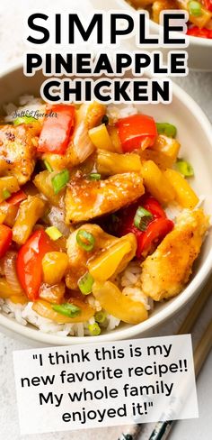 a bowl filled with chicken and vegetables on top of rice