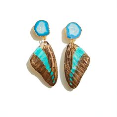 Graphium sarpedon milon, the 'Common Bluebottle' butterfly Stunning turquoise teal bands adorn this beauty, paired with tonal Geode Drusy earrings to ensure there's nothing 'common' about these statements. Belonging to the Papilionidae family, this butterfly is native to South and Southeast Asia. Earring: 10-15mm Overall length: 6-7cm Weight: 5g Unique Blue Butterfly-shaped Jewelry, Unique Blue Butterfly Jewelry, Southeast Asia, Precious Metals, Gold Vermeil, Semi Precious, Turquoise, Band, Gemstones