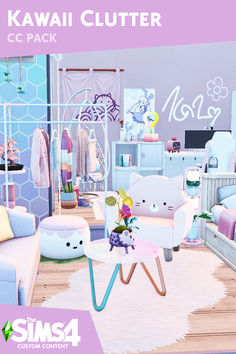 the room is decorated in pastel colors and has furniture for children to sit on