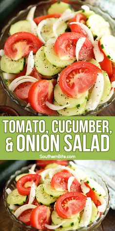 tomato cucumber and onion salad in a glass bowl