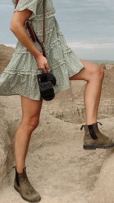 Blundstone Outfit Women Dress, Blundstones And Dress Outfit, Blundstone And Dress Outfit, Blundstone With Dress Fall Outfits, Outback Outfit Women, Dress With Blundstone Outfit, Dresses With Blundstone Boots, Summer Outfits With Blundstones, Blundstones And Dresses