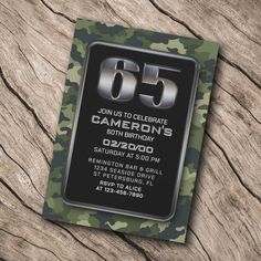 camouflage birthday party card with the number 60 on it and an army theme is displayed