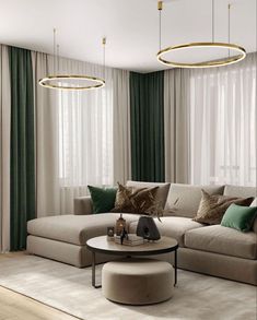 a living room filled with lots of furniture and green drapes hanging from the windows