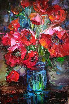 an oil painting of red flowers in a blue vase on a table top with water