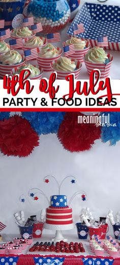 red, white and blue dessert table with cupcakes for fourth of july party