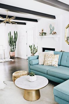 a living room with blue couches and potted cacti