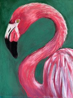 a painting of a pink flamingo on a green background