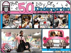 the 50 day of kindergarten poster is shown with pictures of children in cars