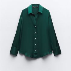 Nwt And Just Bought! Too Small For Me So Re Selling. Elegant Green Zara Shirt, Zara Green Blouse With Buttons, Classic Green Zara Tops, Elegant Zara Tops With Button Cuffs, Classic Zara Blouse With Buttons, Gold Sequin Shorts, Silk Bralette, Oversized Linen Shirt, White Peasant Blouse