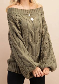 Parker Chunky Cable Knit Sweater (Olive) – Luxe Label Cute Cable Knit Sweaters, Cute Autumn Sweaters, Sweaters With Designs, Comfy Oversized Sweater, Oversized Off Shoulder Sweater, Cute Knit Sweaters, Warm Autumn Wardrobe, Knit Sweaters Pattern, Comfy Sweaters Oversized