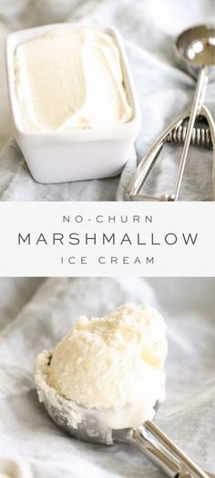 no churn marshmallow ice cream in a white bowl with spoons next to it