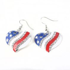 pair of patriotic heart shaped earrings on white background