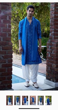 Kurta With Stole Men, Blue Kurta Men, Sangeet Outfit For Men, Stole For Men, White Salwar, Intricate Mirror, Haldi Dress