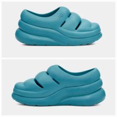 Brand New With Tags Attached Size : Women's Size 7 Color : Tidal Wave Blue Msrp : $75.00 Evolving Our Sport Yeah With A Statement Clog Silhouette Crafted From Dual-Density Molded Foam, The Sport Yeah Clog Is Versatile, Colorful, And Water-Resistant So You Can Make A Splash Wherever You Go. Offering Cushioned Comfort From Top To Bottom, This Bright Style Will Be Your New Go-To For A Wide Range Of Wearing Occasions. Eva Upper Contoured Eva Footbed Dual Density Eva Midsole Dual Density Eva Outsole Casual Blue Platform Clogs, Blue Platform Slip-on Clogs, Ugg Sandals, Brown Flip Flops, Pink Uggs, Yellow Sandals, Criss Cross Sandals, Koolaburra By Ugg, Shearling Slippers