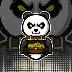 a panda bear holding a chest full of gold