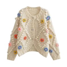 Cute Long Sleeve Embroidered Cardigan, Trendy Embroidered Knit Sweater, Cute Beige Sweater For Spring, Beige Cardigan With Floral Embroidery For Fall, Beige Floral Embroidered Cardigan For Fall, Cute Chunky Knit Sweater For Spring, Knit Long Sleeve Cardigan With Floral Embroidery, Long Sleeve Knit Cardigan With Floral Embroidery, Knit Cardigan With Floral Embroidery And Long Sleeves