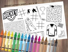 the hockey activity sheet is shown with crayons