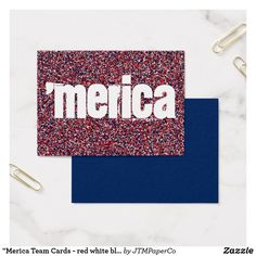 a card with the word merica written in white and red sprinkles