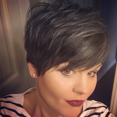 Short Grey Pixie Ash Brown Pixie, Brown Pixie Hair, Pixie Cut With Long Bangs, Grey Hairstyle, Brown Pixie, Long Pixie Hairstyles, Black Ash, Pixie Hair