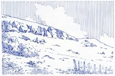 a drawing of a mountain with trees on the top and snow on the ground below