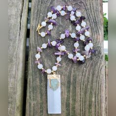 25" Handmade Moonstone And Amethyst Necklace With Gold Plated Beads And Clasp And A Selenite And Fluorite Pendant Gold Letter Pendants, Gold Medallion Necklace, Glitter Necklace, Spiral Necklace, Vintage Style Necklace, Vintage Rhinestone Brooch, Blue Topaz Pendant, Bee Pendant, Citrine Necklace