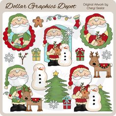 santa claus and snowmen with christmas trees, reindeers, and other holiday decorations