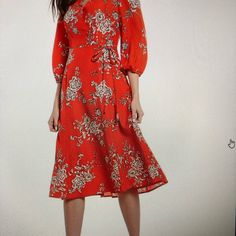 Brand New With Tag Red Floral Print Midi Dress For Fall, Red Floral Print Midi Dress For Evening, Red Embroidered Midi Dress For Spring, Red Floral Print Knee-length Midi Dress, Red Midi Length Spring Dress, Fitted Red Midi Dress For Spring, Red Floral Print Midi Dress, Red Fitted Midi Dress For Casual Wear, Red Knee-length Dress For Brunch