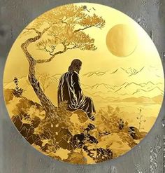 a plate with an image of a man sitting on a hill