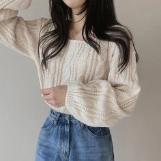 Brigitte - Square Neck Cable Knit Plain Crop Sweater | YesStyle Halloween Outfits Casual, Sweater Square, Casual Knitted Sweater, College Outfits Casual, Couples Halloween Outfits, Women Sweaters Winter, Wool Jumper, Oversize Women, Knitting Women Sweater