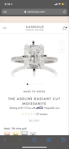 the adeline radant cut moissanite ring is displayed on an iphone