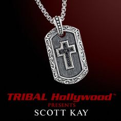 BLACK SAPPHIRE CROSS DOG TAG with Sparta Engraving Sterling Silver Necklace by Scott Kay | Tribal Hollywood Black Hills Gold Jewelry, Necklaces Chain, Sterling Silver Cross Necklace, Silver Dog, Brown Leather Bracelet, Dog Pendant, Mens Silver Necklace, Black Hills Gold, Black Sapphire