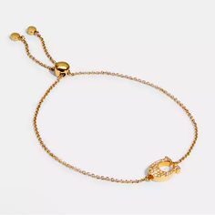 Coach New Pave Signature Slider Bracelet Gold-Plated Brass Slide Closure 10 1/4" (L) Style No. 91427 Coach Bracelets As Gift, Everyday Gold Coach Jewelry, Coach Adjustable Bracelet As Gift, Adjustable Coach Bracelets As Gift, Adjustable Coach Bracelets For Gift, Formal Adjustable Coach Bracelets, Elegant Coach Jewelry With Adjustable Chain, Elegant Adjustable Coach Bracelets, Coach Jewelry Bracelet Gift